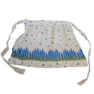 Vintage Half Apron Womens White Blue Christmas Candles Waist Tie Kitchen Holiday